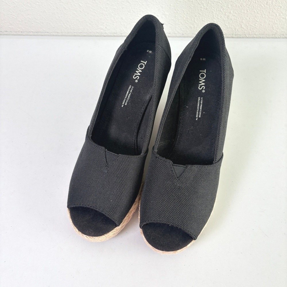 TOMS Peep Toe Espadrille Wedges Womens 8 Black Canvas Jute Platform Shoes